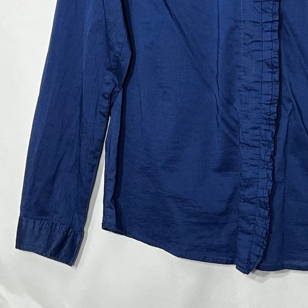 New York & Company Navy Blue Ruffle Front Cotton Blouse XL Long Sleeve Top